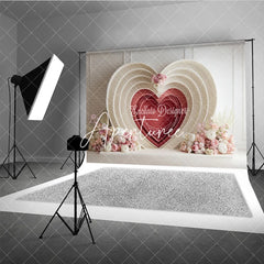 Aperturee - Aperturee Elegant Cream and Red Layered Heart Photography Backdrop with Pink and White Floral Decor for Valentine’s Day Wedding