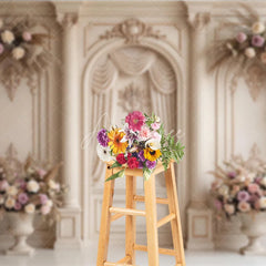 Aperturee - Aperturee Elegant Cream Classical Wall Photography Backdrop Ornate Columns and Pink Rose Floral Arrangements Wedding Party Decor