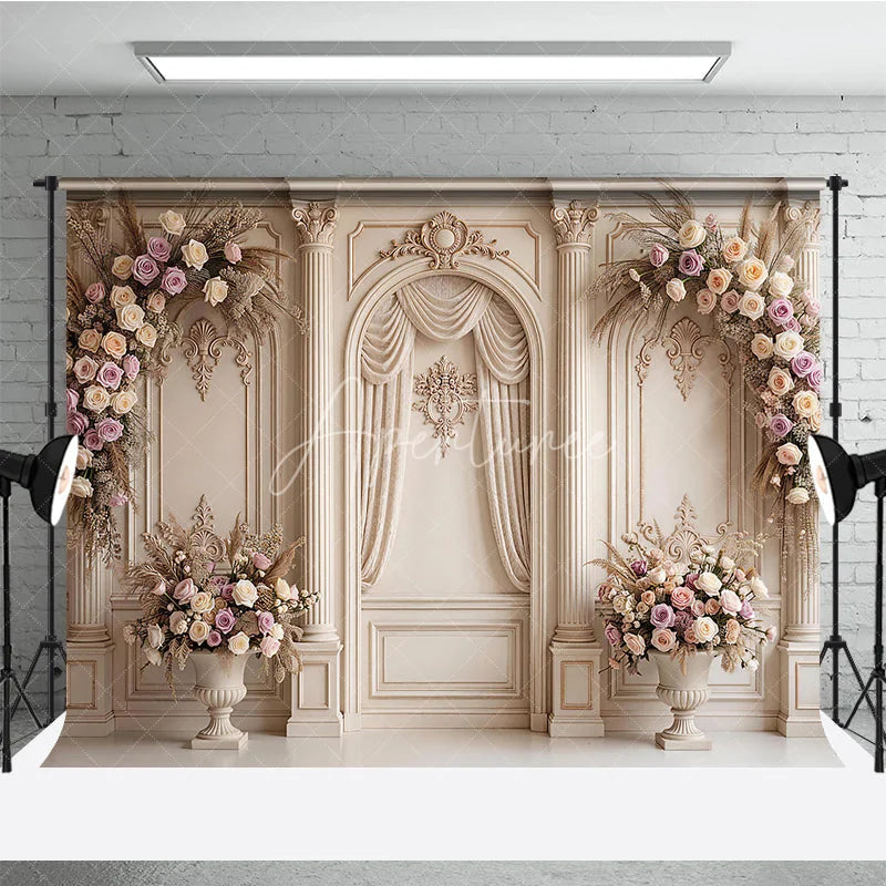 Aperturee - Aperturee Elegant Cream Classical Wall Photography Backdrop Ornate Columns and Pink Rose Floral Arrangements Wedding Party Decor