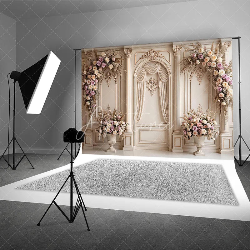 Aperturee - Aperturee Elegant Cream Classical Wall Photography Backdrop Ornate Columns and Pink Rose Floral Arrangements Wedding Party Decor