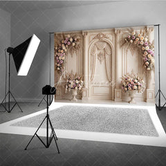 Aperturee - Aperturee Elegant Cream Classical Wall Photography Backdrop Ornate Columns and Pink Rose Floral Arrangements Wedding Party Decor