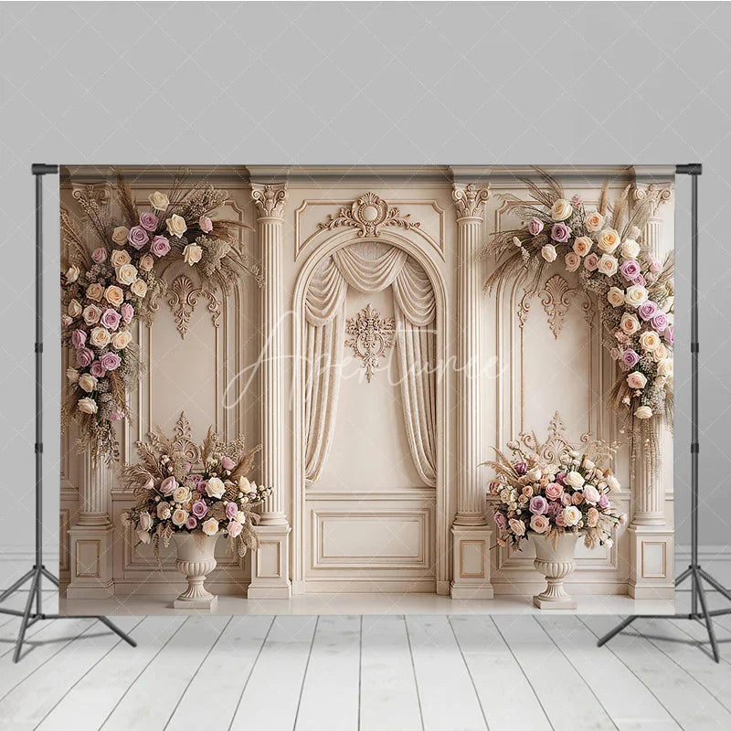 Aperturee - Aperturee Elegant Cream Classical Wall Photography Backdrop Ornate Columns and Pink Rose Floral Arrangements Wedding Party Decor