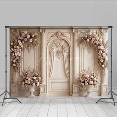 Aperturee - Aperturee Elegant Cream Classical Wall Photography Backdrop Ornate Columns and Pink Rose Floral Arrangements Wedding Party Decor