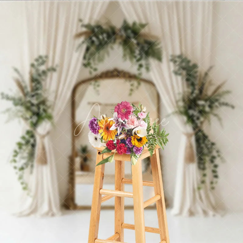 Aperturee - Aperturee Elegant Cream Curtain Photography Backdrop with Gold Mirror Lush Greenery and Boho Floral Decor
