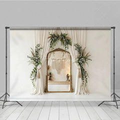 Aperturee - Aperturee Elegant Cream Curtain Photography Backdrop with Gold Mirror Lush Greenery and Boho Floral Decor