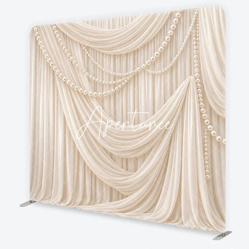 Aperturee - Aperturee Elegant Cream Draped Fabric and Pearl Strands Square Double-Sided Backdrop Perfect for Wedding and Bridal Shower