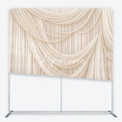 Aperturee - Aperturee Elegant Cream Draped Fabric and Pearl Strands Square Double-Sided Backdrop Perfect for Wedding and Bridal Shower