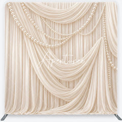 Aperturee - Aperturee Elegant Cream Draped Fabric and Pearl Strands Square Double-Sided Backdrop Perfect for Wedding and Bridal Shower