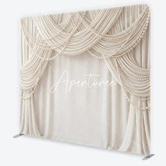 Aperturee - Aperturee Elegant Cream Fabric Drapes with Pearl Strings Square Double-Sided Backdrop Luxury Wedding and Event Decor