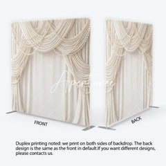 Aperturee - Aperturee Elegant Cream Fabric Drapes with Pearl Strings Square Double-Sided Backdrop Luxury Wedding and Event Decor