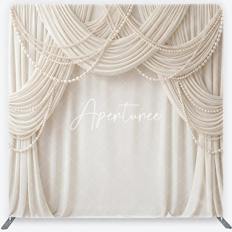 Aperturee - Aperturee Elegant Cream Fabric Drapes with Pearl Strings Square Double-Sided Backdrop Luxury Wedding and Event Decor