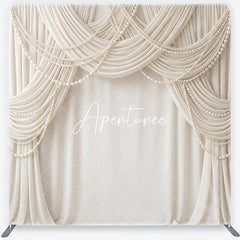 Aperturee - Aperturee Elegant Cream Fabric Drapes with Pearl Strings Square Double-Sided Backdrop Luxury Wedding and Event Decor
