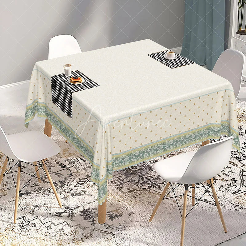Aperturee - Aperturee Elegant Cream Floral Rectangle Tablecloth with Green Blue Border and Golden Dots for Dining Kitchen Decor