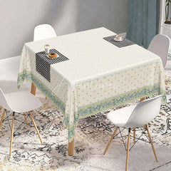 Aperturee - Aperturee Elegant Cream Floral Rectangle Tablecloth with Green Blue Border and Golden Dots for Dining Kitchen Decor