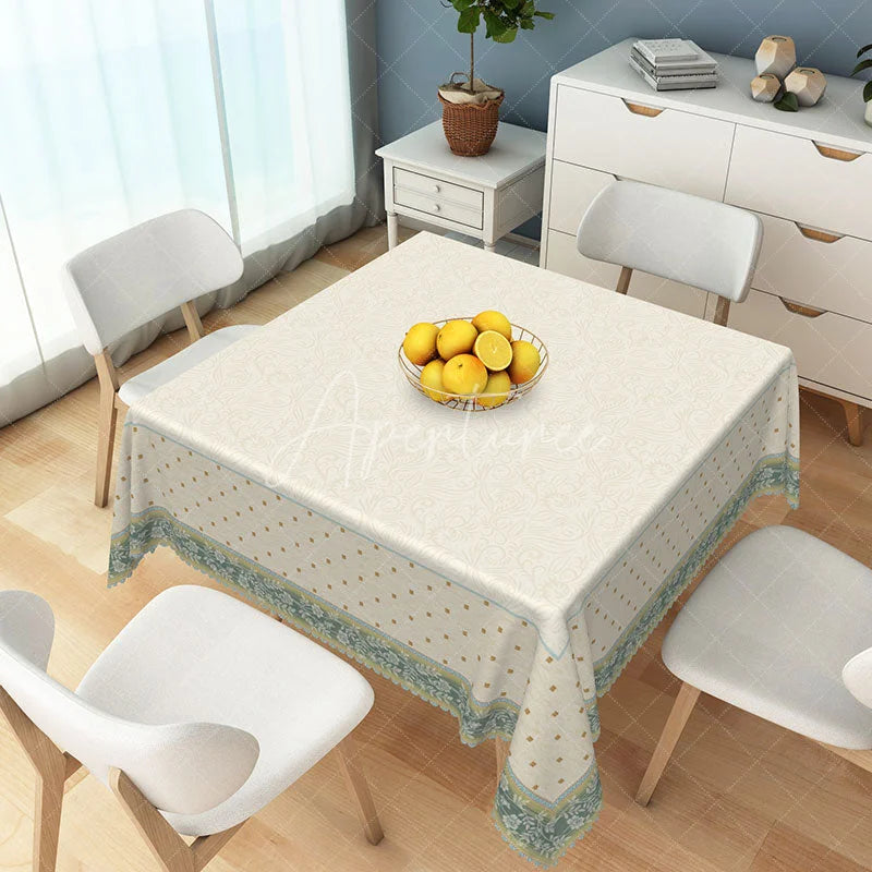 Aperturee - Aperturee Elegant Cream Floral Rectangle Tablecloth with Green Blue Border and Golden Dots for Dining Kitchen Decor