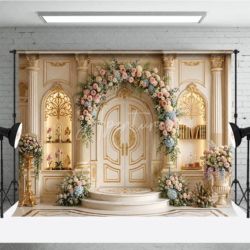 Aperturee - Aperturee Elegant Cream Gold Ornate Double Door Photography Backdrop with Pastel Floral Arch Luxurious Wedding Celebration Decor