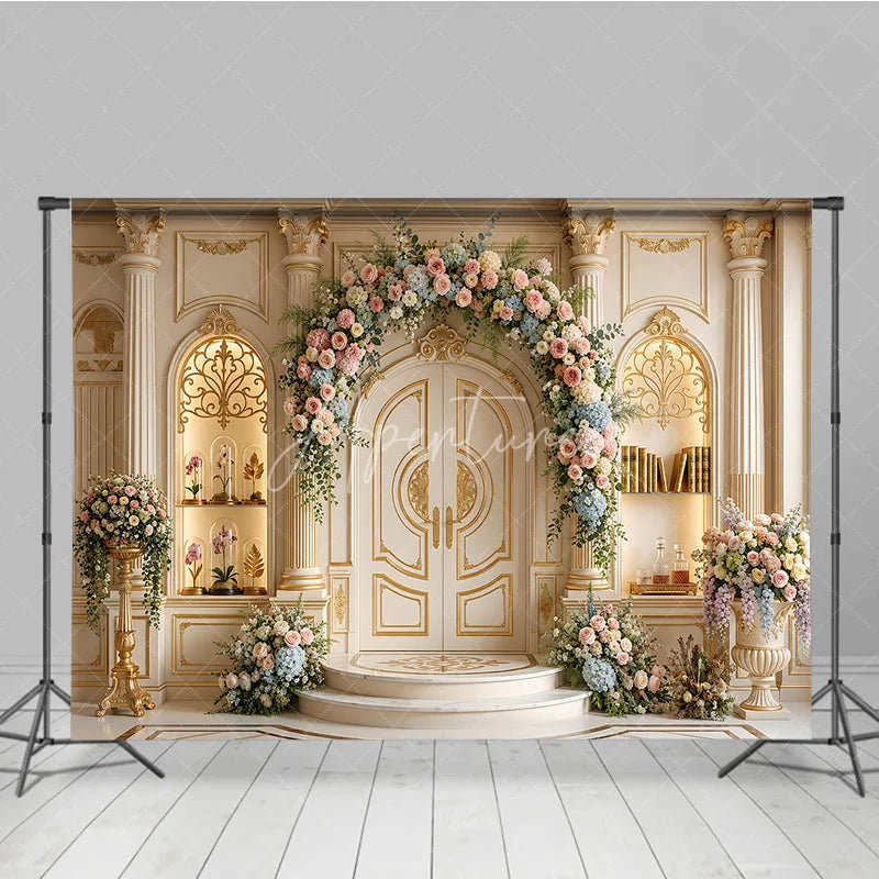 Aperturee - Aperturee Elegant Cream Gold Ornate Double Door Photography Backdrop with Pastel Floral Arch Luxurious Wedding Celebration Decor