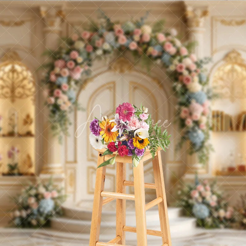 Aperturee - Aperturee Elegant Cream Gold Ornate Double Door Photography Backdrop with Pastel Floral Arch Luxurious Wedding Celebration Decor