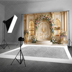 Aperturee - Aperturee Elegant Cream Gold Ornate Double Door Photography Backdrop with Pastel Floral Arch Luxurious Wedding Celebration Decor
