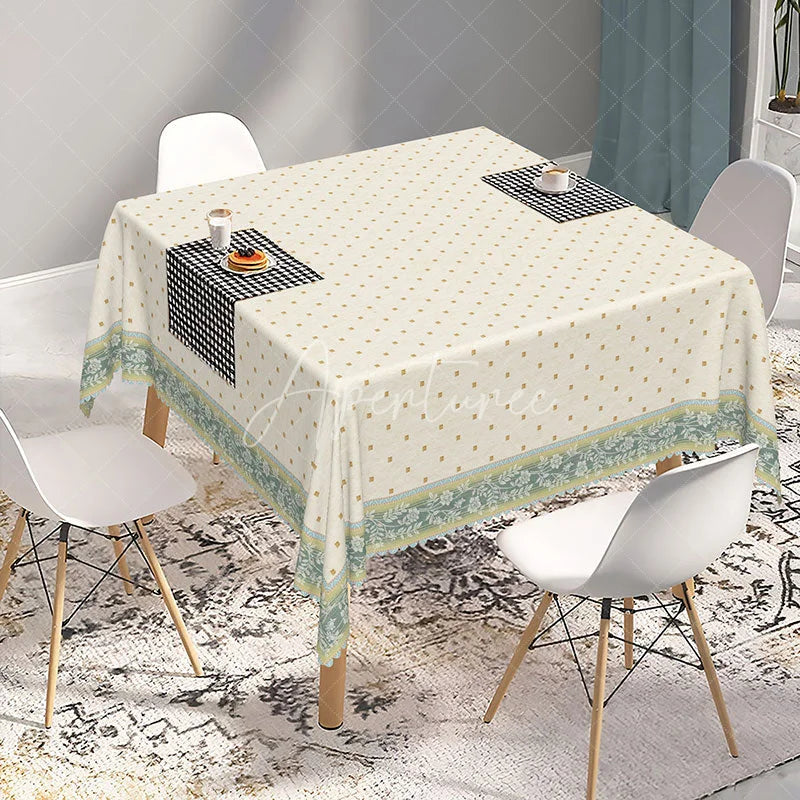 Aperturee - Aperturee Elegant Cream Rectangle Tablecloth with Golden Dot Pattern and Green Floral Border for Dining Decor