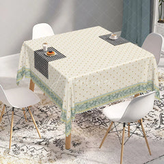 Aperturee - Aperturee Elegant Cream Rectangle Tablecloth with Golden Dot Pattern and Green Floral Border for Dining Decor