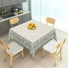 Aperturee - Aperturee Elegant Cream Rectangle Tablecloth with White Roses and Green Leaves Floral Damask Dining Decor