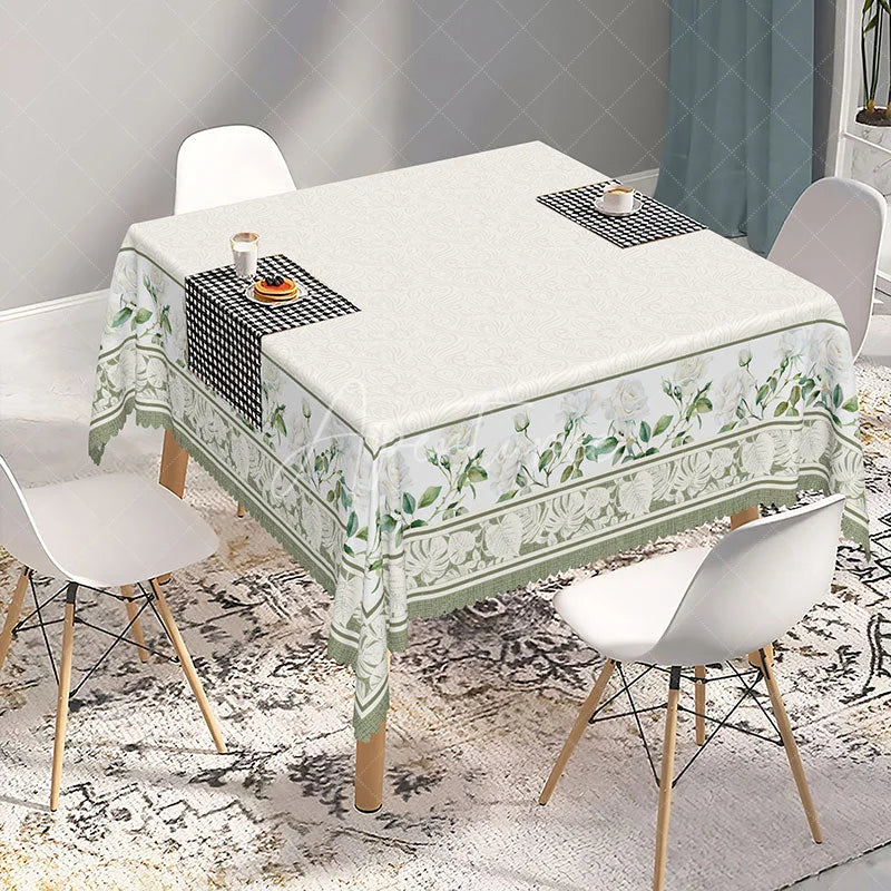 Aperturee - Aperturee Elegant Cream Rectangle Tablecloth with White Roses and Green Leaves Floral Damask Dining Decor