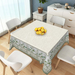 Aperturee - Aperturee Elegant Cream Rectangle Tablecloth with White Roses and Green Leaves Floral Damask Dining Decor