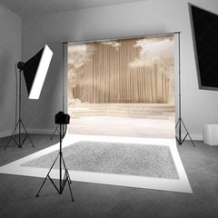 Aperturee Aperturee Elegant Cream Stage Photography Backdrop Dreamy Wedding or Recital Scenery with White Trees and Curtains