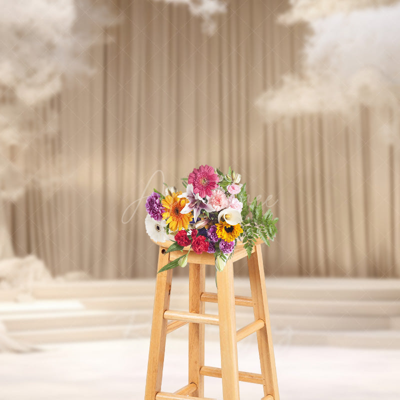 Aperturee Aperturee Elegant Cream Stage Photography Backdrop Dreamy Wedding or Recital Scenery with White Trees and Curtains
