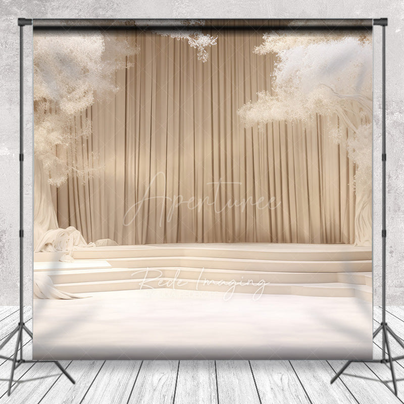 Aperturee Aperturee Elegant Cream Stage Photography Backdrop Dreamy Wedding or Recital Scenery with White Trees and Curtains
