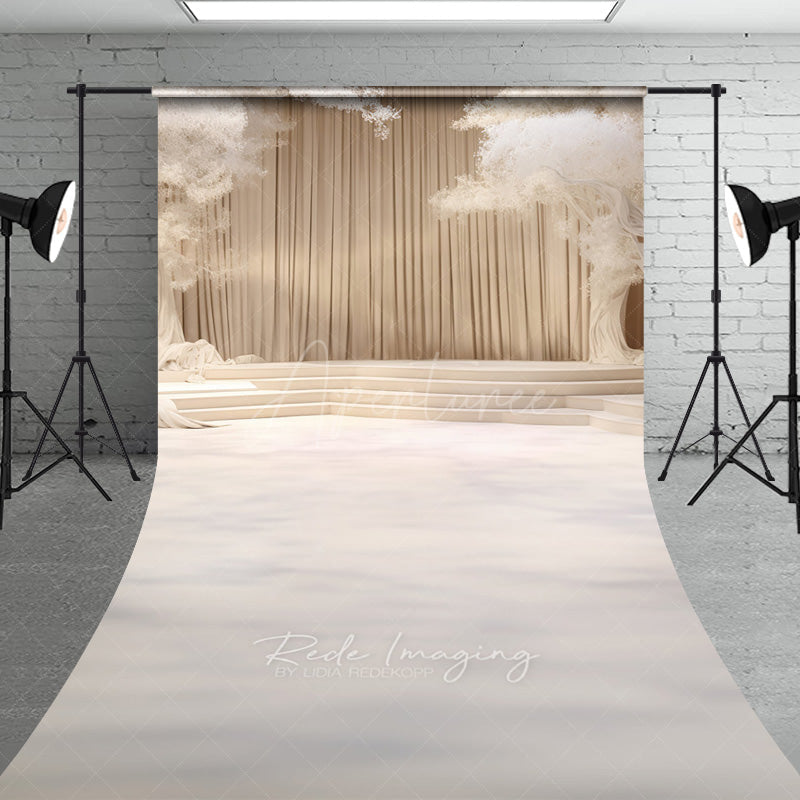 Aperturee Aperturee Elegant Cream Stage Sweep Photo Backdrop Dreamy Wedding or Recital Scenery with White Trees and Curtains