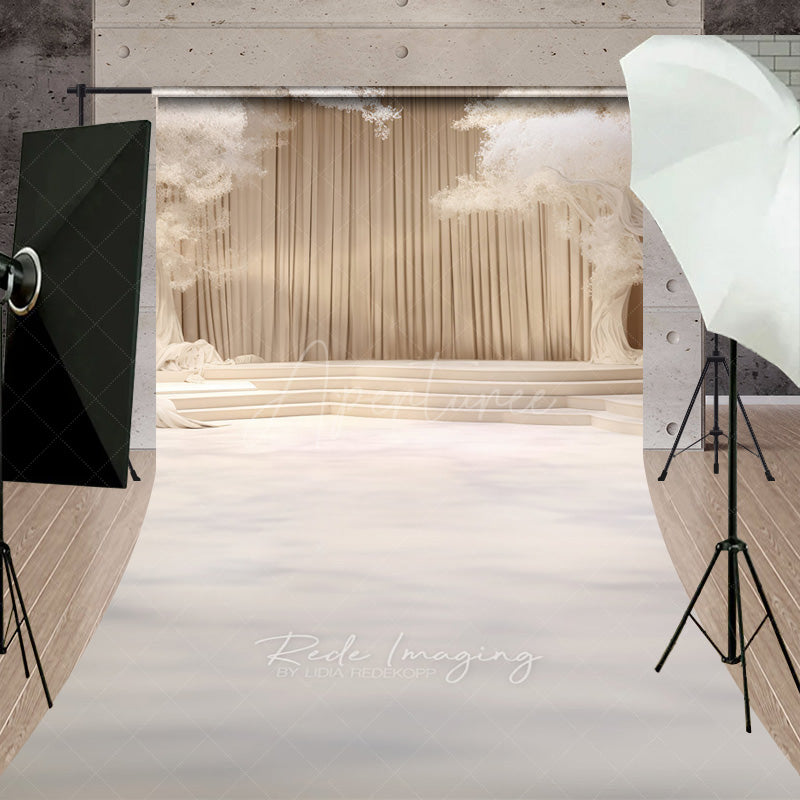 Aperturee Aperturee Elegant Cream Stage Sweep Photo Backdrop Dreamy Wedding or Recital Scenery with White Trees and Curtains