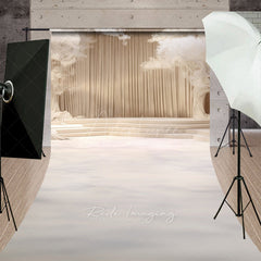 Aperturee Aperturee Elegant Cream Stage Sweep Photo Backdrop Dreamy Wedding or Recital Scenery with White Trees and Curtains