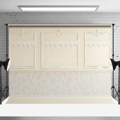 Aperturee Aperturee Elegant Cream Wall Photography Backdrop Classic Molding with Blue and White Diamond Pattern Vintage Room Interior