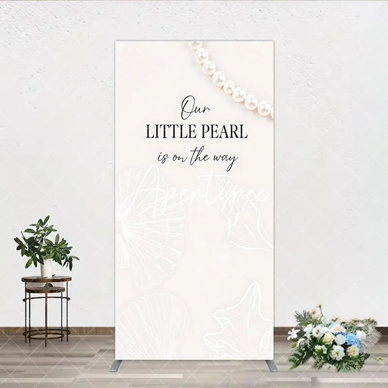 Aperturee - Aperturee Elegant Creamy White Pearl and Seashell Rectangle Arch Backdrop Our Little Pearl is on the Way Baby Shower Decor