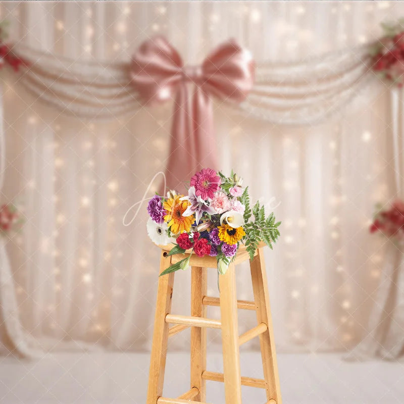 Aperturee - Aperturee Elegant Curtain Photography Backdrop with Pink Bow and Pearls Fairytale Wedding Bridal Shower Photo Booth