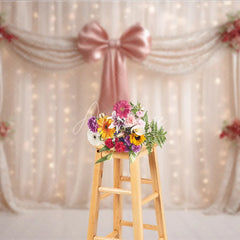 Aperturee - Aperturee Elegant Curtain Photography Backdrop with Pink Bow and Pearls Fairytale Wedding Bridal Shower Photo Booth