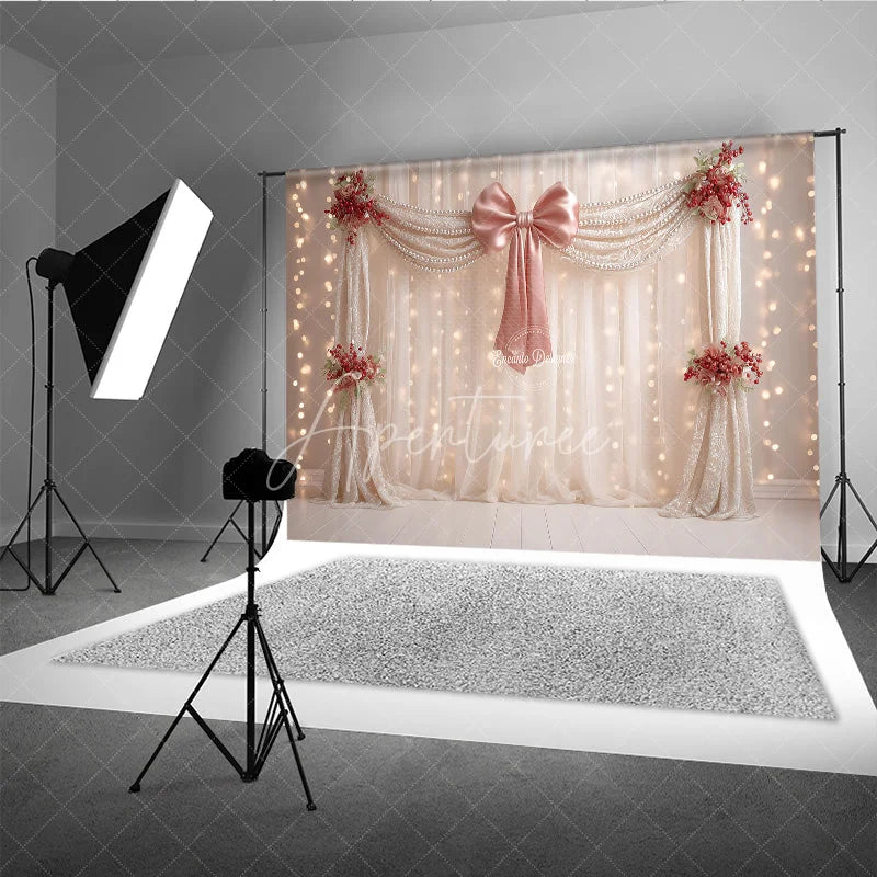 Aperturee - Aperturee Elegant Curtain Photography Backdrop with Pink Bow and Pearls Fairytale Wedding Bridal Shower Photo Booth
