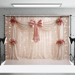 Aperturee - Aperturee Elegant Curtain Photography Backdrop with Pink Bow and Pearls Fairytale Wedding Bridal Shower Photo Booth