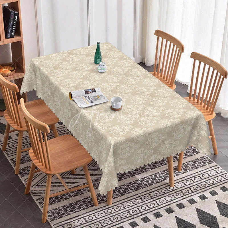 Aperturee - Aperturee Elegant Damask Rectangle Tablecloth Beige and White Minimalist Pattern Neutral Farmhouse Kitchen Decor