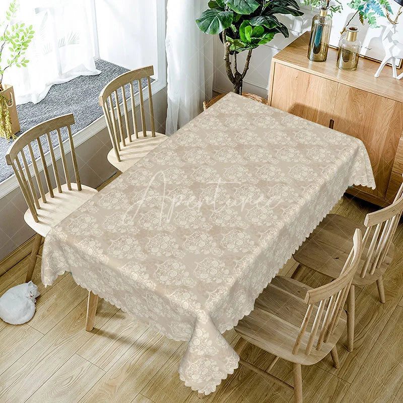 Aperturee - Aperturee Elegant Damask Rectangle Tablecloth Beige and White Minimalist Pattern Neutral Farmhouse Kitchen Decor