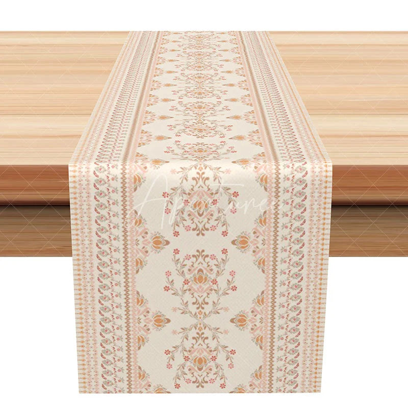 Aperturee - Aperturee Elegant Damask Table Runner Neutral Beige and Pastel Vintage Paisley Border for Farmhouse Dining