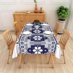 Aperturee - Aperturee Elegant Dark Blue and White Geometric Floral Rectangle Tablecloth with Scalloped Edge Dining and Home Decor