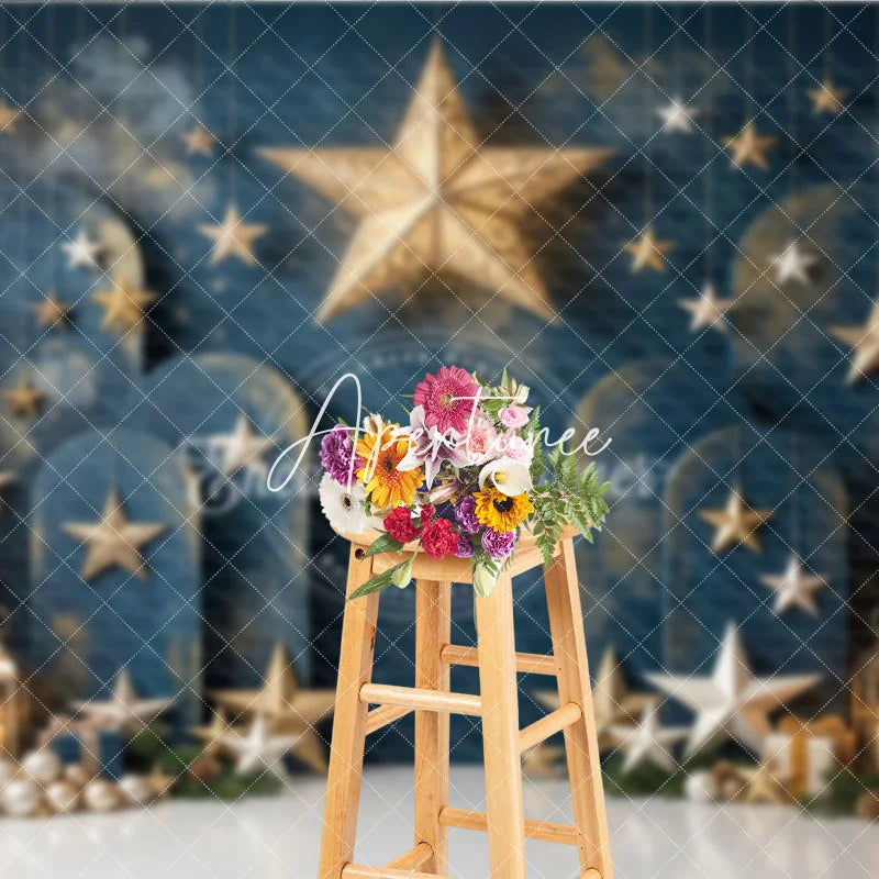 Aperturee - Aperturee Elegant Dark Blue Holiday Backdrop with Gold and Silver Stars Christmas Trees and Gifts for Festive Celebrations