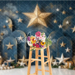 Aperturee - Aperturee Elegant Dark Blue Holiday Backdrop with Gold and Silver Stars Christmas Trees and Gifts for Festive Celebrations