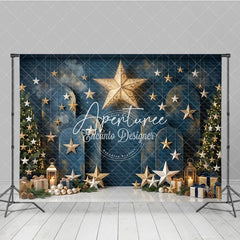Aperturee - Aperturee Elegant Dark Blue Holiday Backdrop with Gold and Silver Stars Christmas Trees and Gifts for Festive Celebrations