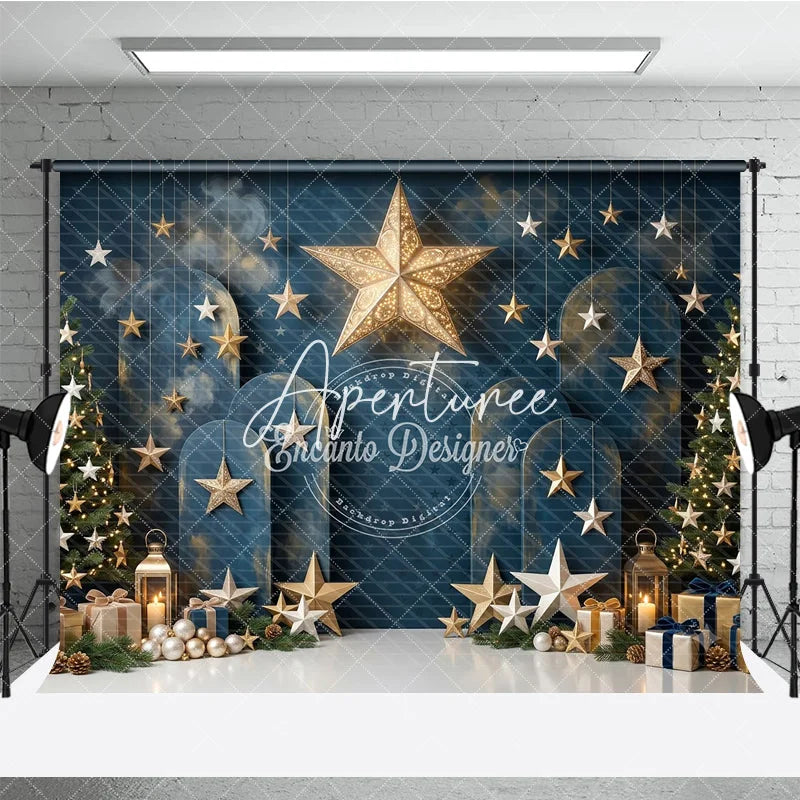 Aperturee - Aperturee Elegant Dark Blue Holiday Backdrop with Gold and Silver Stars Christmas Trees and Gifts for Festive Celebrations