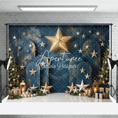 Aperturee - Aperturee Elegant Dark Blue Holiday Backdrop with Gold and Silver Stars Christmas Trees and Gifts for Festive Celebrations