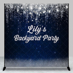 Aperturee - Aperturee Elegant Dark Blue Silver Glitter Personalized Custom Backdrop with String Lights Party Celebration Decor